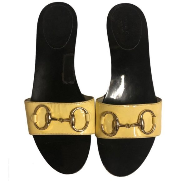 Gucci Vitello Vernice Icon Bit Wood Clogs Yellow Size 7 - Picture 1 of 8